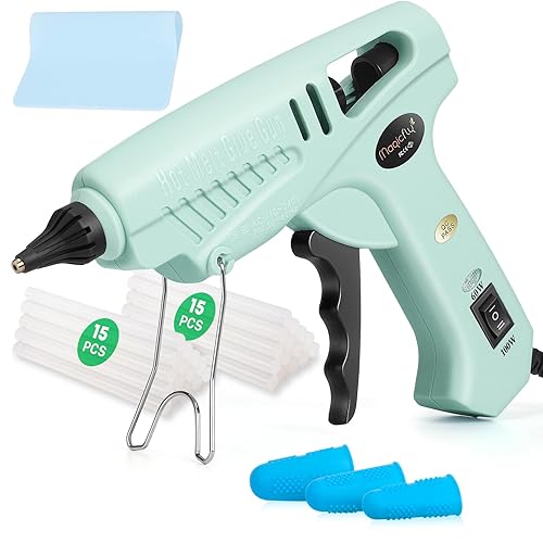 Magicfly 60/100W Hot Glue Gun Full Size with 30 Pcs Hot Glue Sticks (0.43 X 5.9 inch), Dual Power High Temp Melt Glue Gun Kit with Finger Caps, Mat for Arts Craft, Household, Green - Green