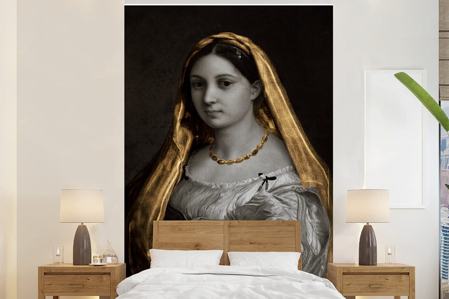Selbstklebend Tapete Wandpapier Wandaufkleber Fototapete Tapeten Wanddeko 155x240 cm Die verschleierte Frau - Raffaello Sanzio - Gold