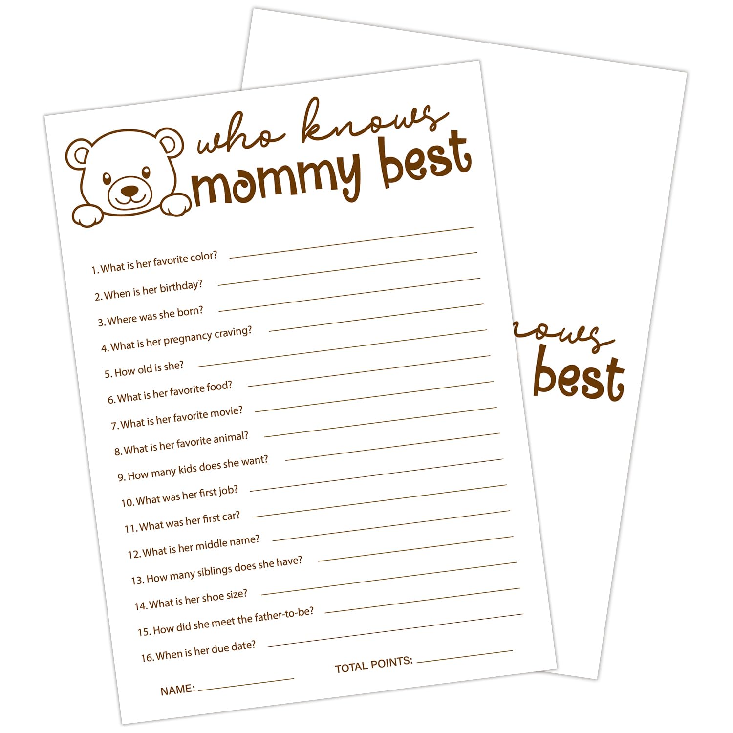 ZEDEV 30 PCS Cute Bear Who Knows Mommy Best Baby Shower Game for Boy Girl, Double-Sided Games Gender Neutral Gender Reveal Party Supplies & Decor-C11