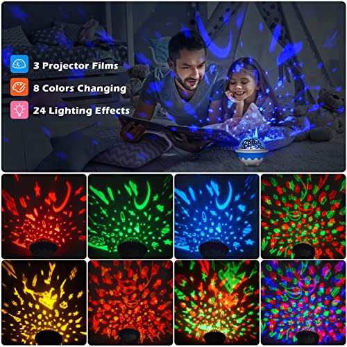 Baby Night Light Projector,3 Pattern Films+8 Lighting Colors USB Rechargeable Star Night Light Projector with Remote Control and Timer Control，Night Lighting for Kids Baby Nursery Bedroom Decorate