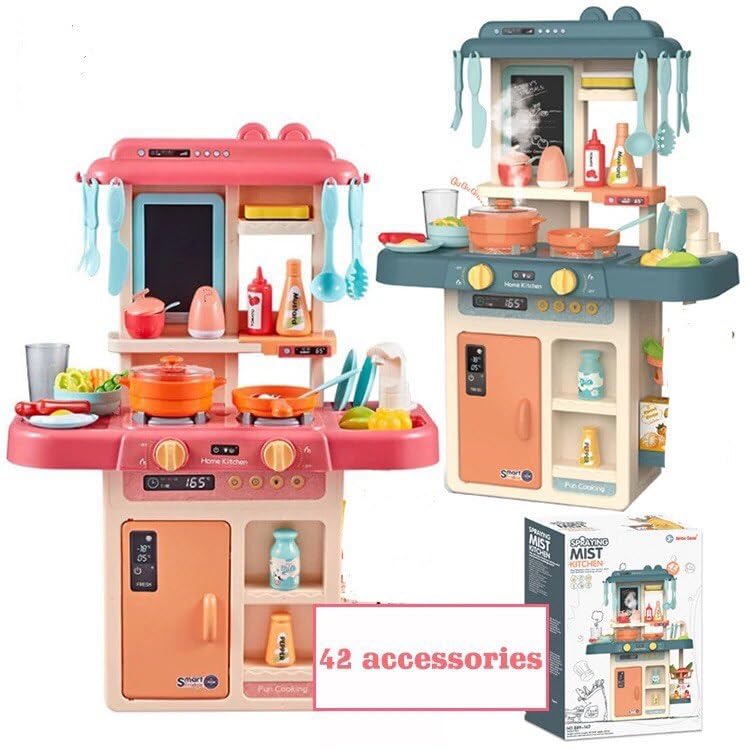 Image of BHUMLO 42 pcs Spraying Mist Kitchen Set with Lights, Sound, Sink, Water, steam Accessories Set with Light and Sound for Children