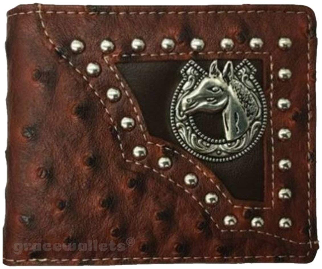 Horse Mens Wallet Texas Western Bifold W012-15 Ostrich Brown