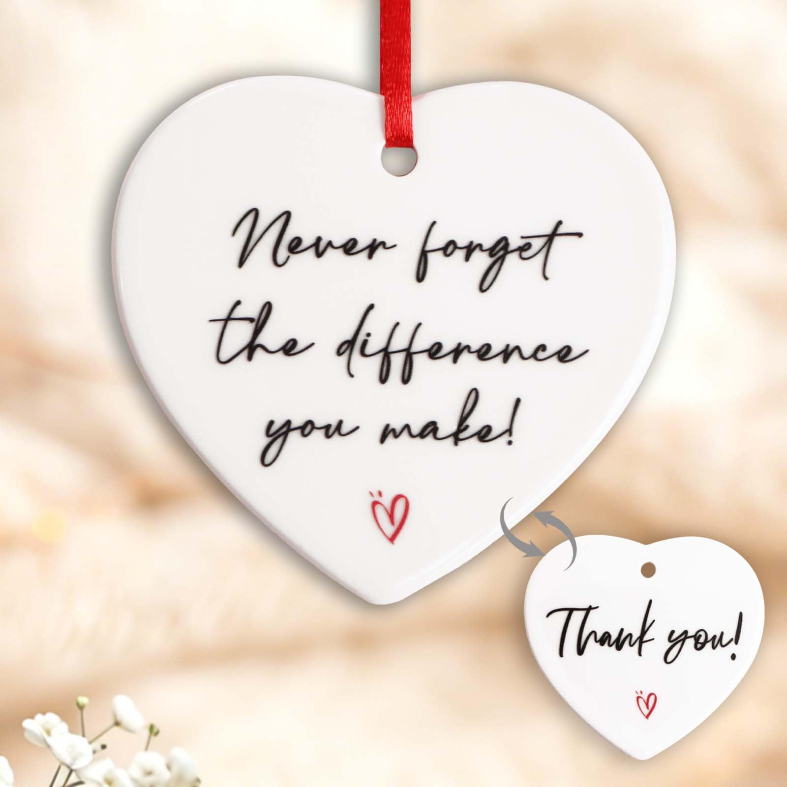 Comooka White Thank You Plaque Double Sided Ceramic Heart Ornament Thank You Gifts For Teacher Colleague Nurse Mentor Never Forget The Difference You Make Keepsake For Retirement Leaving Farewell