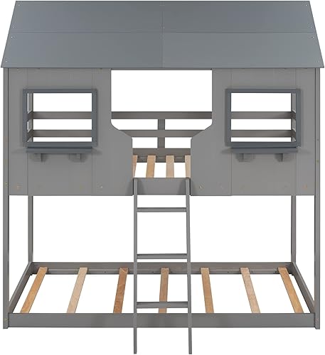 Miniatura 5 de Litera individual sobre cama individual en forma de casa con techo de madera maciza ventana barandilla y escalera