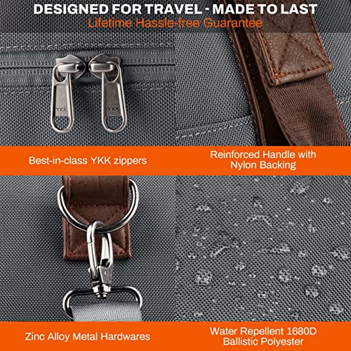 Feriado 45L Travel Duffel Bag - Water Repellent 1680D Ballistic Polyester - Weekender, Overnight, Gym, Carry On Luggage with Shoe Compartment - Grey/Brown4