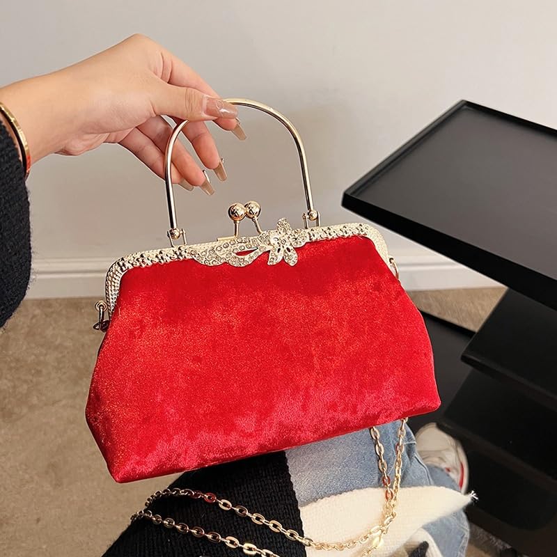 Bolso de Terciopelo con Cremallera para Mujer, Bolso de Mano para Banquetes, Bolso Cruzado con Cadena (Rojo)