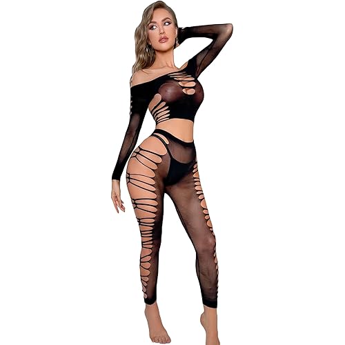 WDIRARA Women's 3 Pieces Mesh Cut Out Bralette and Skirt Sheer Lingerie Set with Stockings
