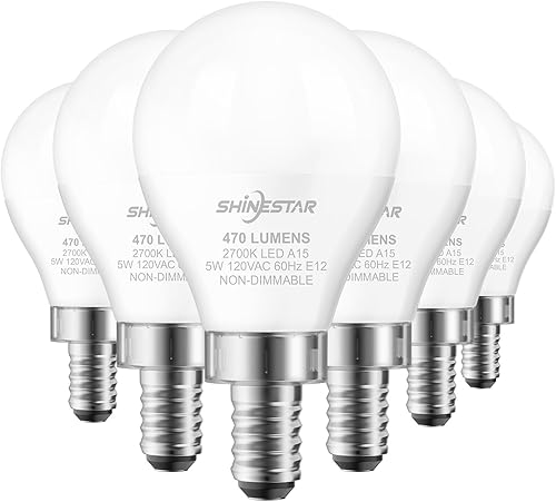 SHINESTAR Paquete de 6 bombillas LED E12, equivalente a 40 W, blanco cálido de 2700 K, base de candelabro A15, no regulables