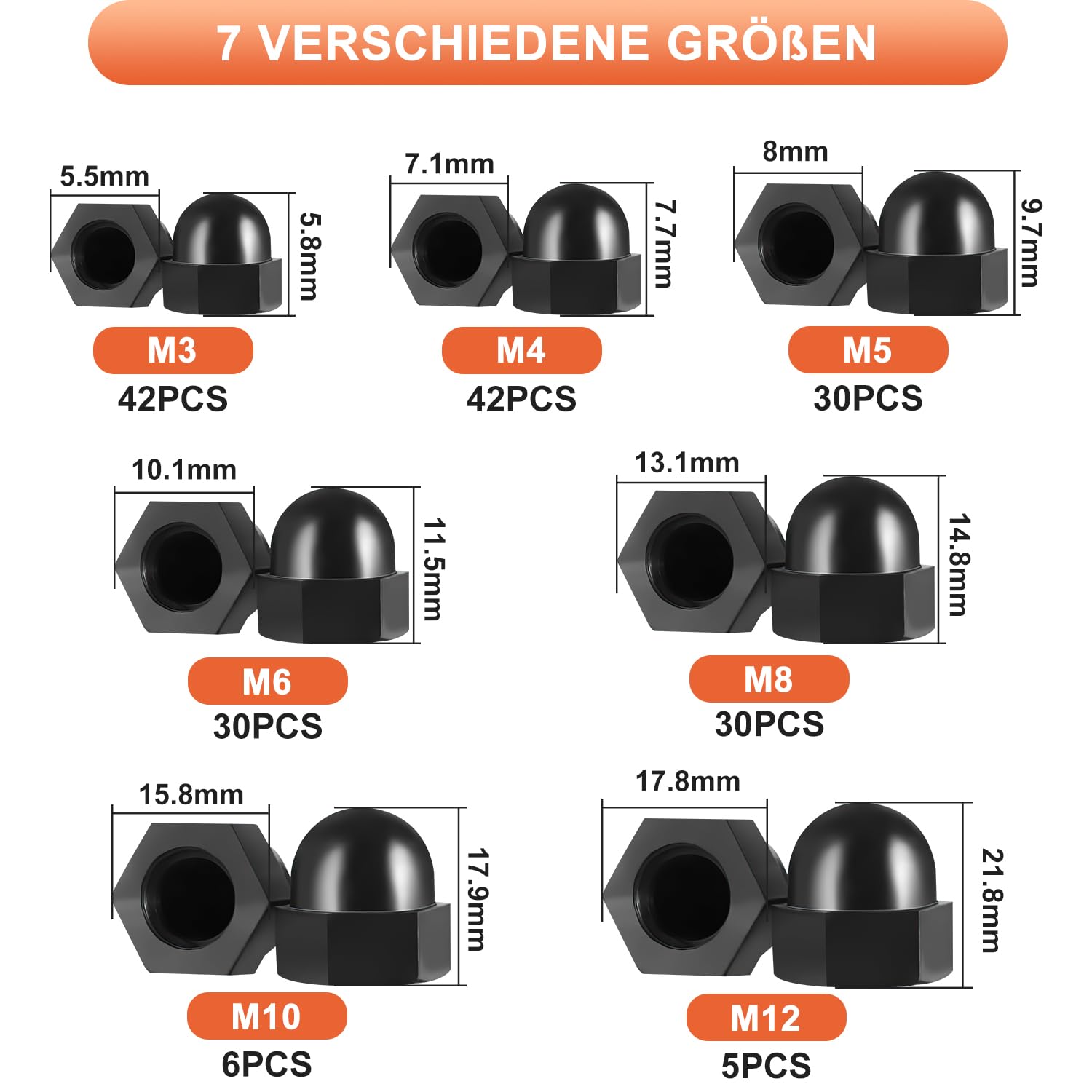 Nakrętki do kapeluszy M3/M4/M5/M6/M8/M10/M12 Nakrętki ślepe, 185 sztuk, ochrona przed rdzą, ochrona przed rdzą, trwała nakrętka kopułowa, do śrub, gwintowanych, prętów gwintowanych (czarny, nylon)