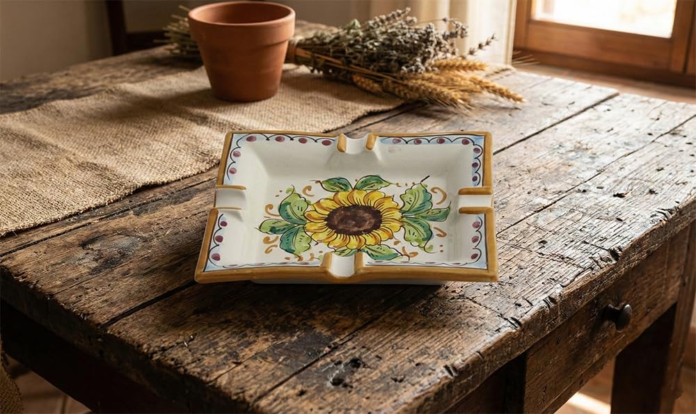 Cendrier en céramique sicilienne jaune et vert décoré main Saint Stefano di Camastra
