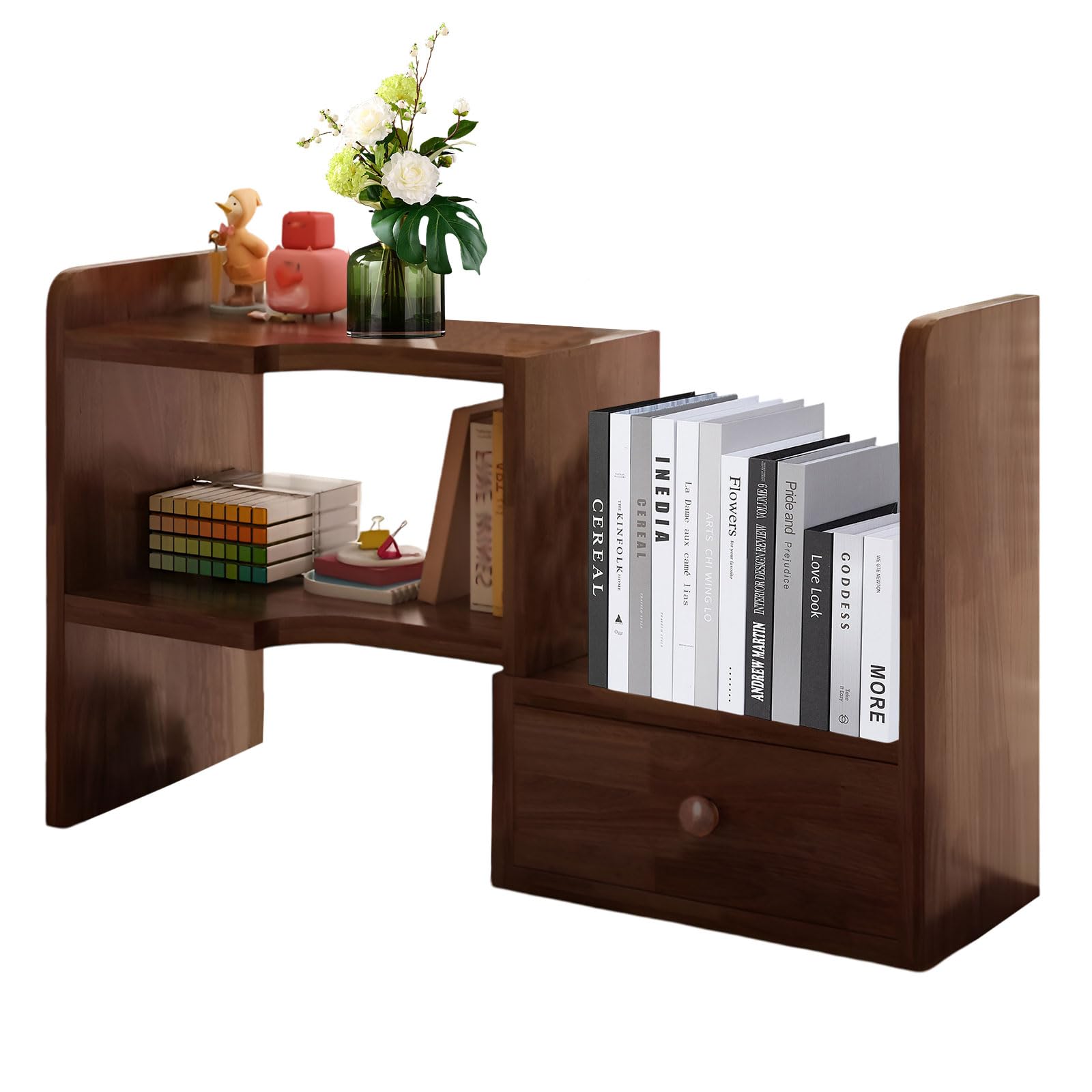 AIZYR Solid Wood Desktop Bookshelf Retractable Bookcase, Storage Organizer with Drawer Free Standing Shelves Hutch for Office Home Dorm,Wood Color