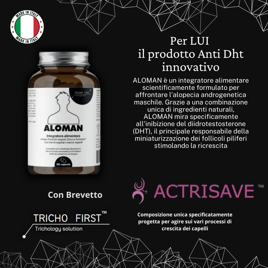 ALOMAN - Integratore per Caduta Capelli Uomo con Serenoa, Ortica, Zucca, Zinco e Riso Nero con Fiori di Fico d'India (Mix Brevettato ACTRISAVE) - 90 Capsule - Supporto CAPELLI SOTTILI - ANTI DHT