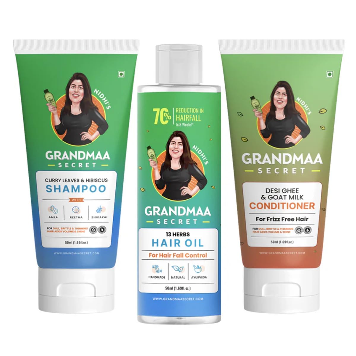 NIDHI’S GRANDMAA SECRET Hair Fall Control Trial Combo | Hair Oil, Shampoo & Conditioner | Natural Hair Growth Kit | Sulphate & Paraben Free | 3 x 50ml (Pack of 3)