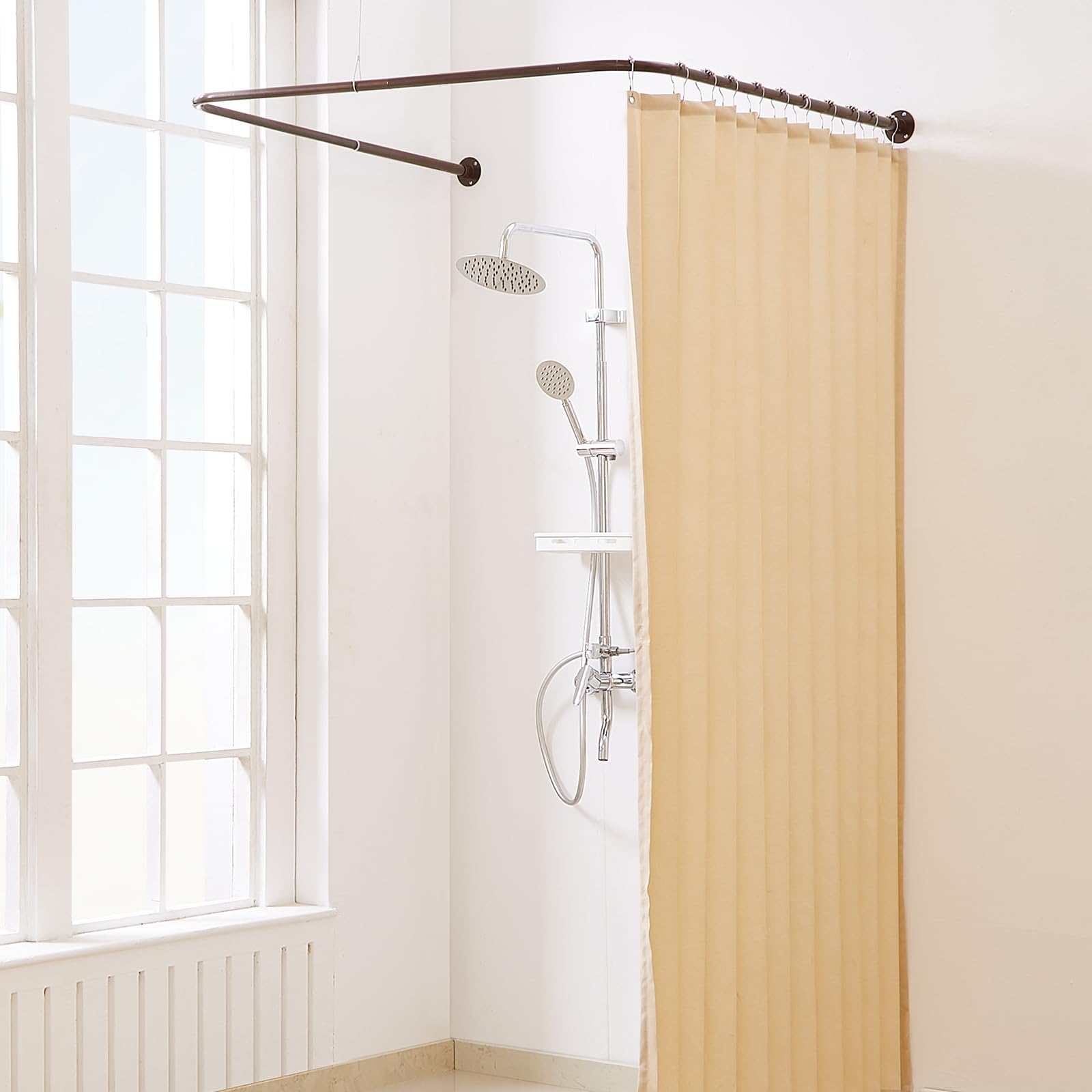 Barra Cortina Ducha en Forma de U, [Ambos Lados: 60 cm - 132 cm, Centro: 76,2 cm - 117 cm] Poste de Cortina de Esquina de Ducha Exterior Ajustable para Baños con 12 Ganchos y Soportes de Techo