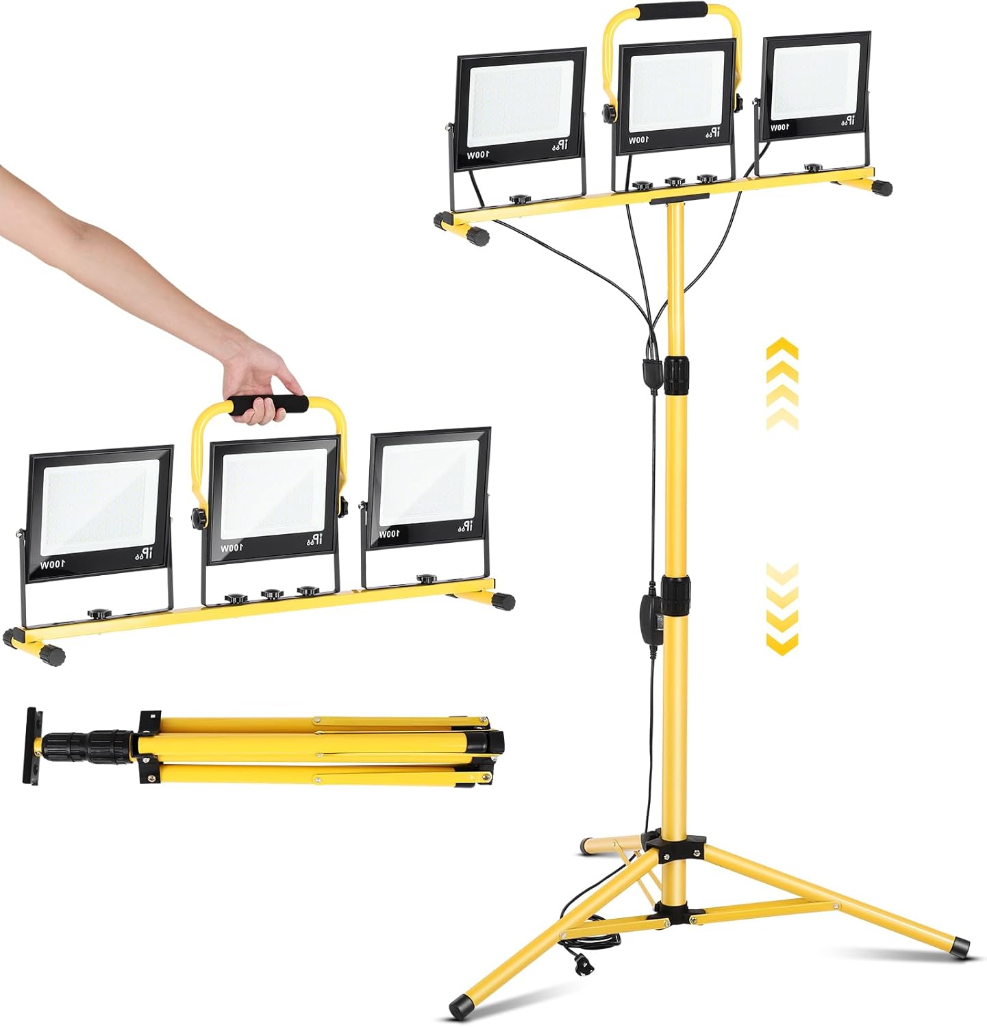 30000 Lumen LED Work Lights with Stand, 3 Adjustable Head Portable Work Light with Foldable Tripod Stand, IP66 Waterproof Tripod Worklights with 6500 Kelvin Color Temperature for Outdoor Indoor