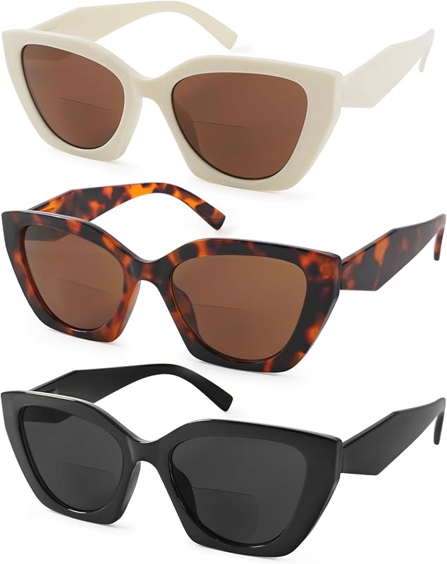 JiSoo Cat Eye Sunglasses with Bifocals Trendy Reading Sunglasses for Women, 3 Pack Designer Sunglass Readers for Women