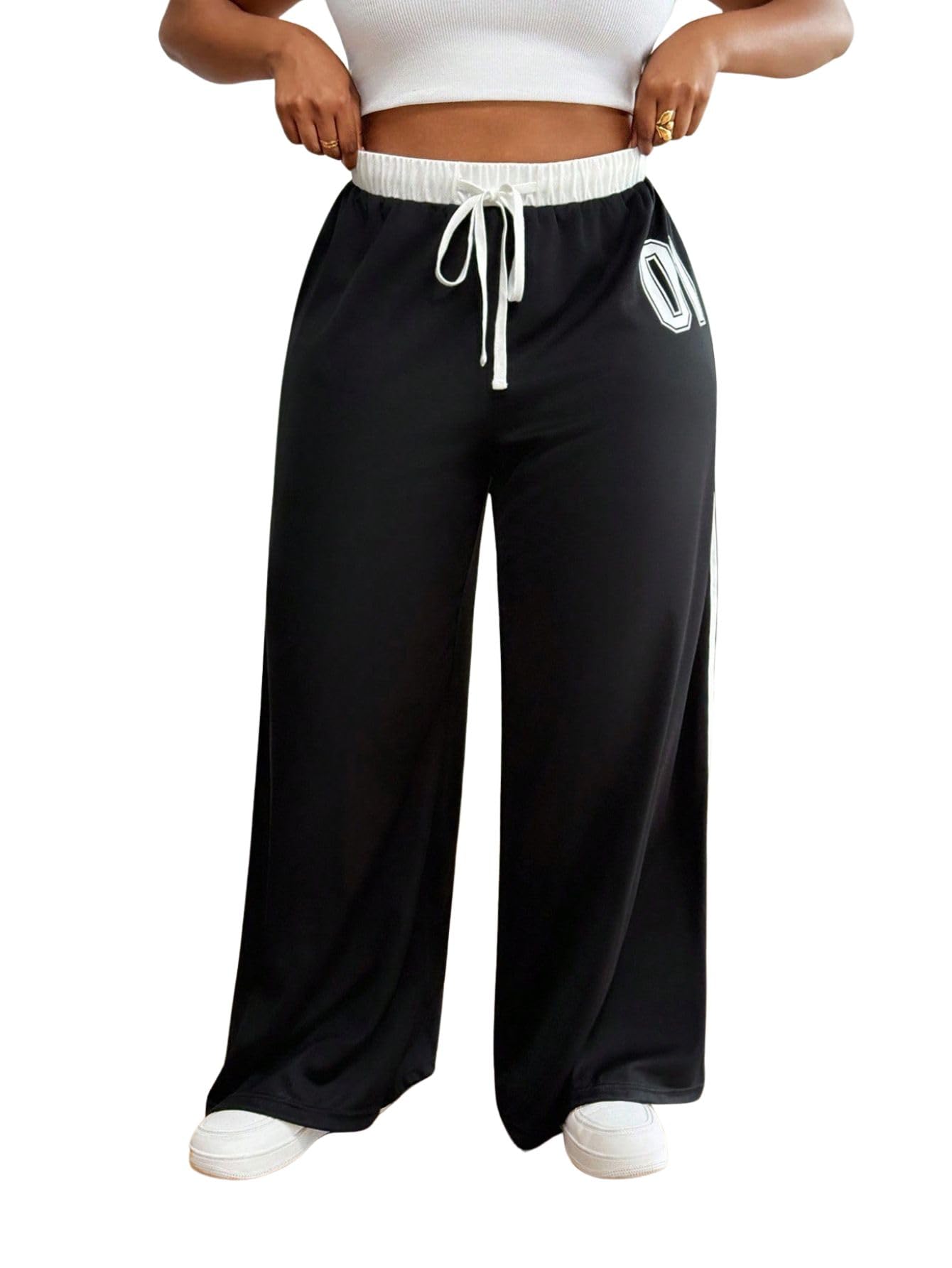 Verdusa Womens Plus Size Jersey Sweatpants Number Striped Pants Drawstring Wide Leg Loose Trousers