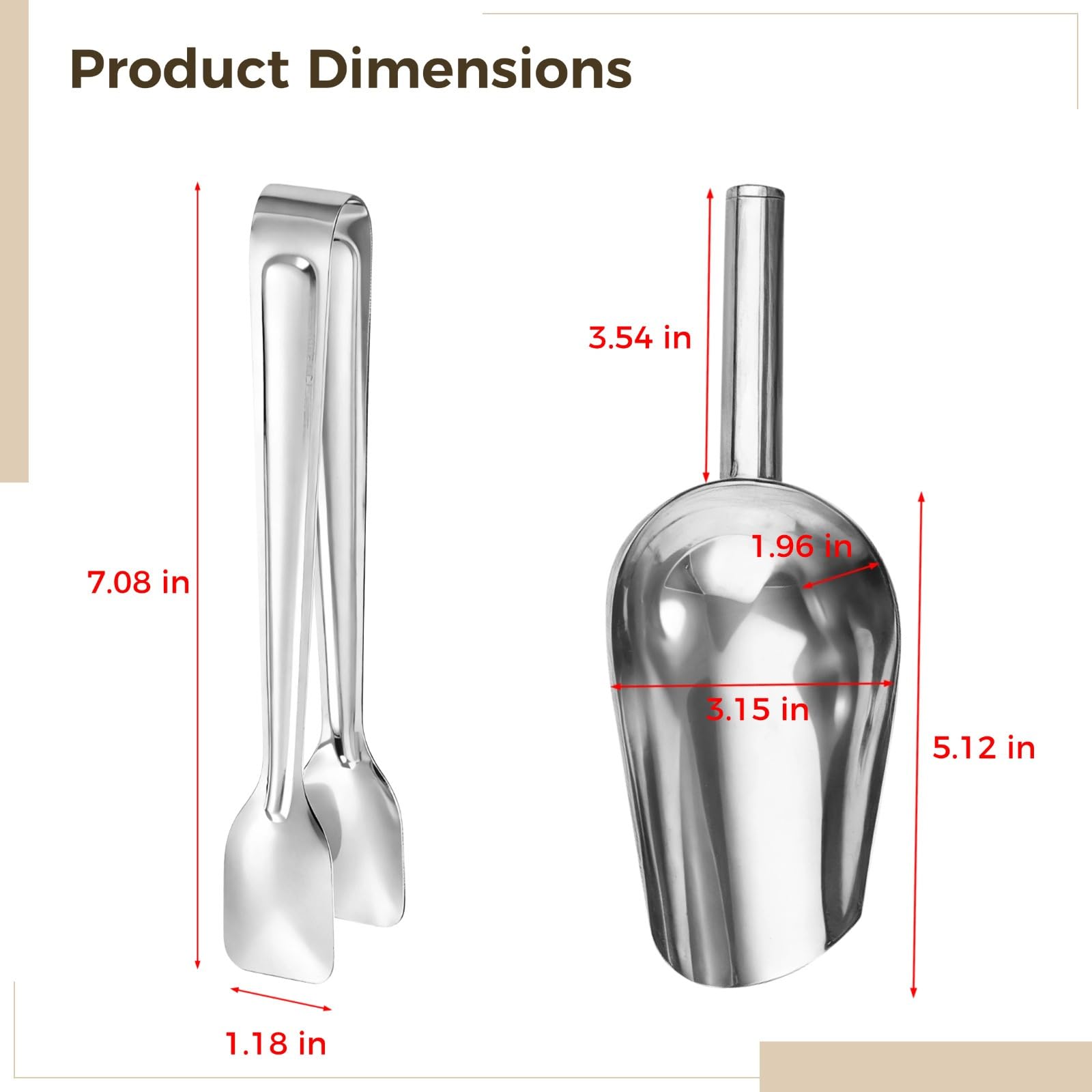 Set di 16 palette e pinze per ghiaccio in acciaio inox, con 8 misurini e 8 pinze, ideale per congelatore e macchine per il ghiaccio, facile da pulire