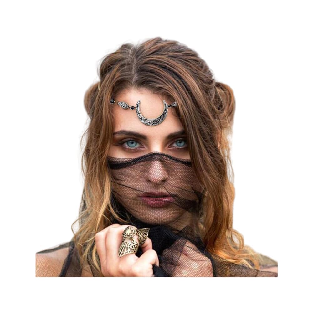 Aimimier Bohemian Crystal Head Chain Moon Head Chain Retro Silver Crescent Moon Forehead Chain Crystal Headband Prom Hair Jewelry for Women and Girls (Retro silver)