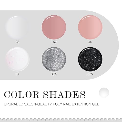 Miniatura 2 de Mobray Kit de gel de extensión de uñas de polietileno, iniciador, 6 colores populares, transparente, nude, rosa, brillantina, negro, plateado