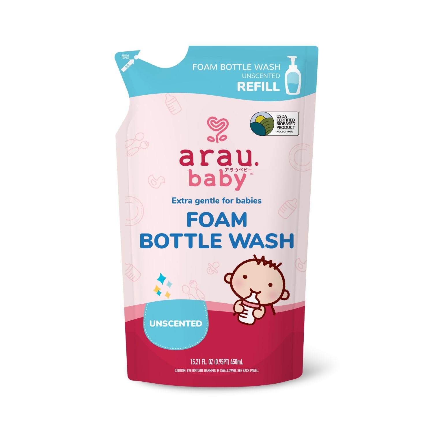 Arau Baby Unscented Foam Bottle Wash Refill, Natural Plant Based Baby Bottle &amp; Dish Soap, No Artificial Fragrance or Additives, Gentle for Washing Bottles, Pacifiers and Toys, Easy Rinse, 15.21 Fl Oz