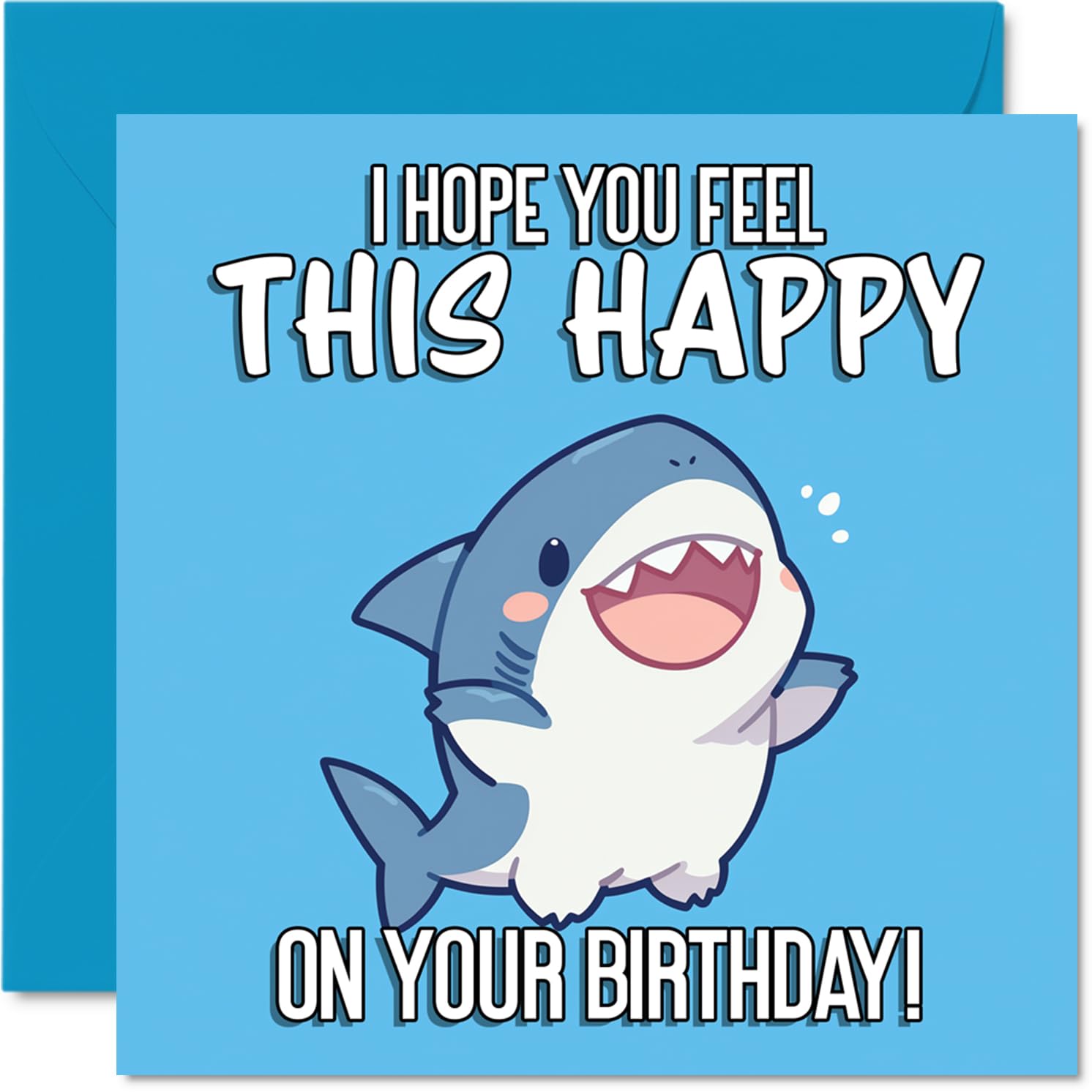 Playful Birthday Card - Bursting with Joy - Cheerful Cartoon Shark in Blue Waves - Guaranteed to Bring a Toothy Grin - 145mm Square, Envelope Included