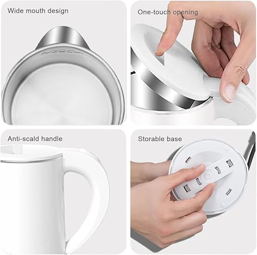 Miniatura 7 de Pequeña tetera eléctrica, hervidor de viaje portátil de 0.6 L, hervidor eléctrico de acero inoxidable 304 con apagado automático, mini hervidor de