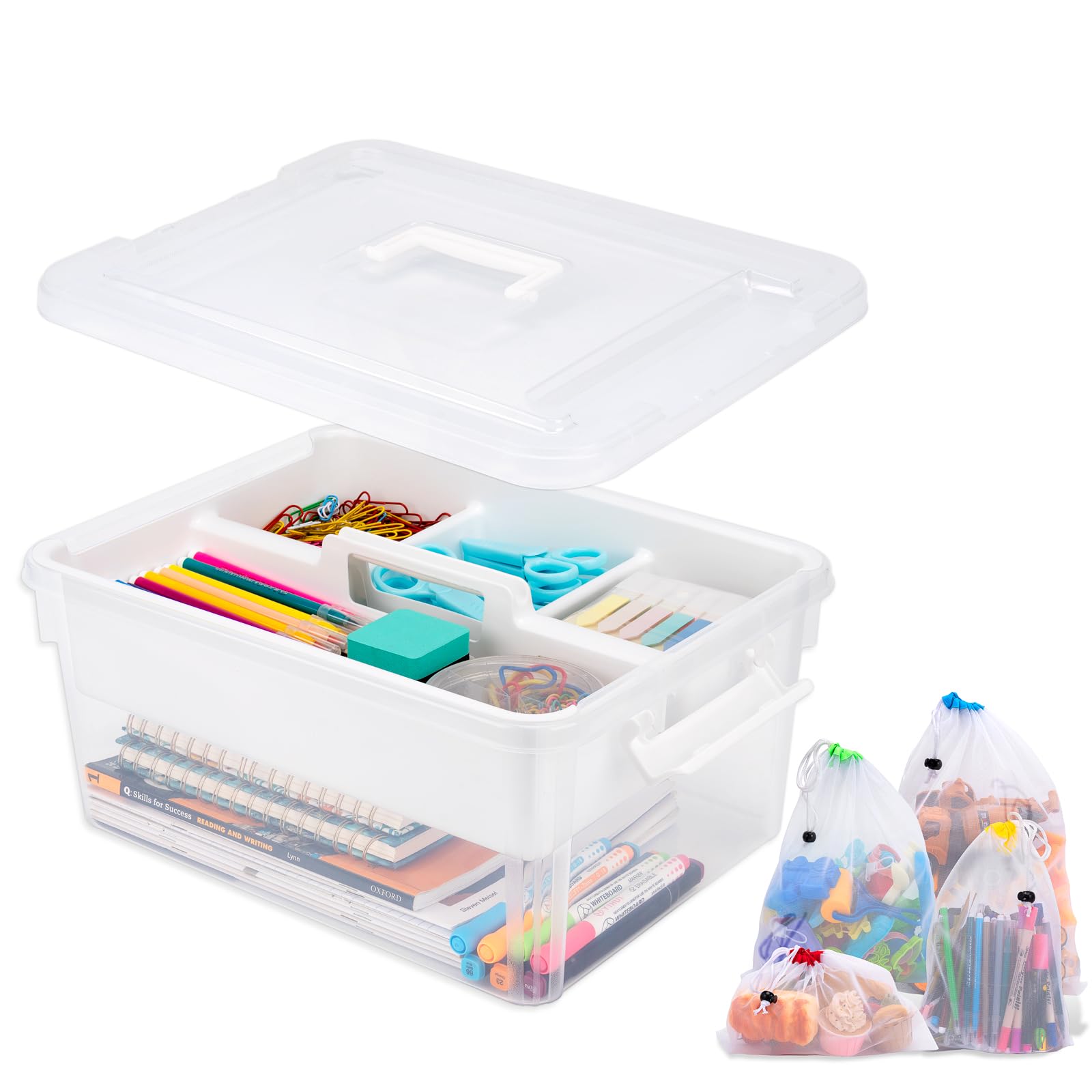 Pechor 16L Clear Plastic Storage Box with Lids, Heavy-Duty Stackable Craft Boxes with Removable Tray Storage Container Organizers for Art, Tool, Craft, Sewing, Toy, Building Blocks (with Handle)