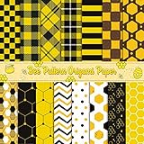 Haooryx 60PCS Summer Bees Plaid Pattern Paper Yellow Black Honeycomb Scrapbook Specialty Origami Pap