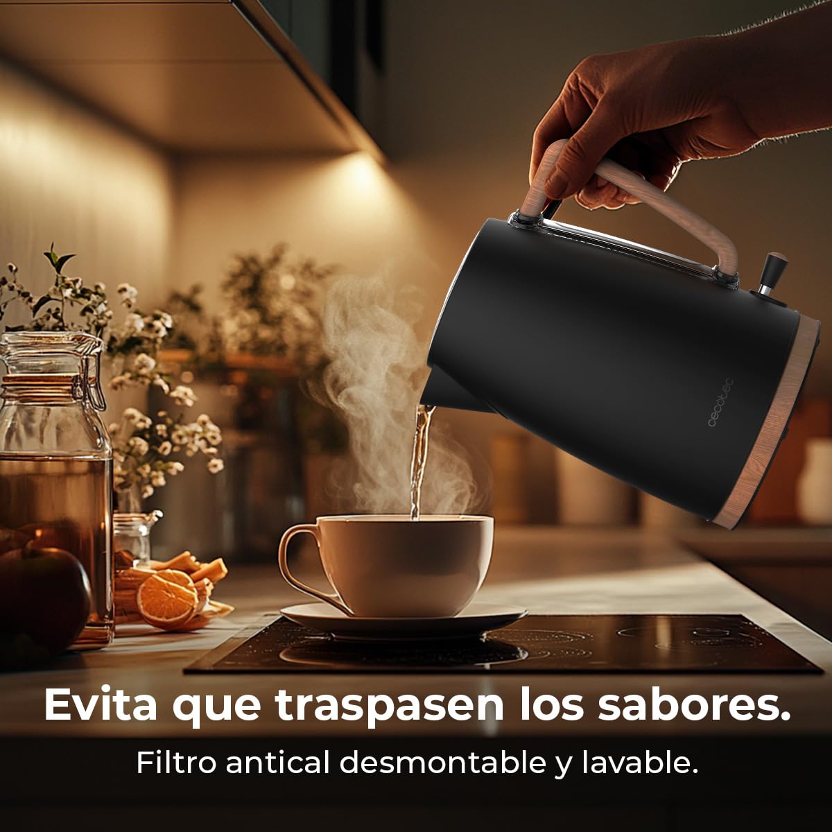 Cecotec Hervidor de Agua Eléctrico ThermoSense 200 Woody, 1,7 Litros, 2200 W, Fabricado en Acero inoxidable, Diseño elegante, Base con giro 360º, Filtro antical desmontable y lavable