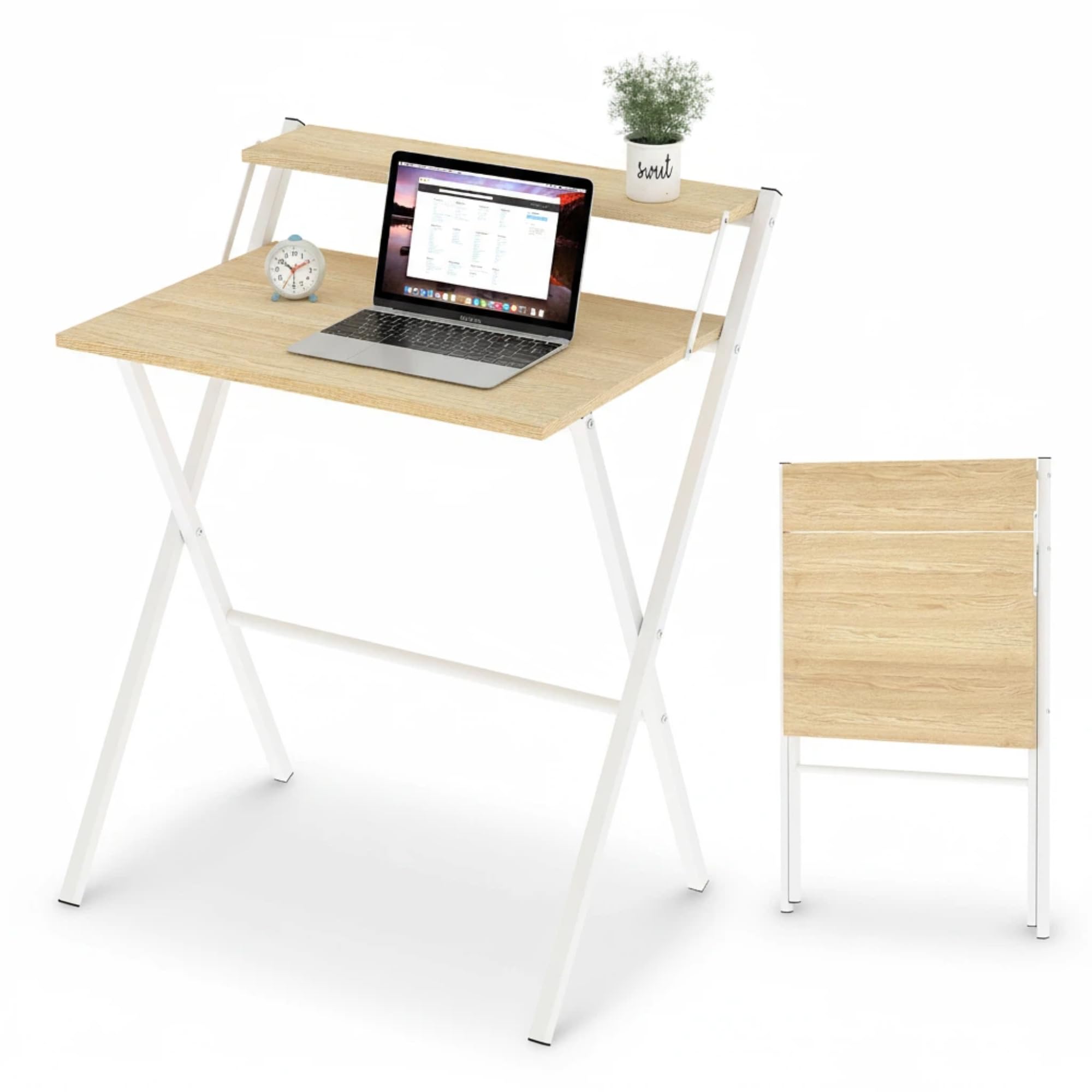 Levede Folding Desk 67.5x45cm, Portable Laptop Table with Monitor Shelf, Easy Assembly Small Desk for Bedroom Living Room, Space-Saving Computer Desk for Small Spaces, Home Office Desk, Oak
