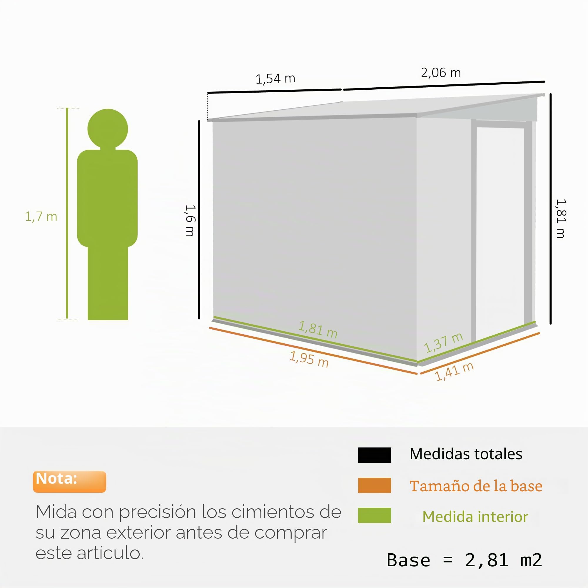 Outsunny Cobertizo de metal de 2,81 m², 154 x 206,5 x 181 cm, cobertizo de jardín con tejado a un agua, base, puerta corredera, resistente a la intemperie, caseta de jardín, para exteriores, jardín