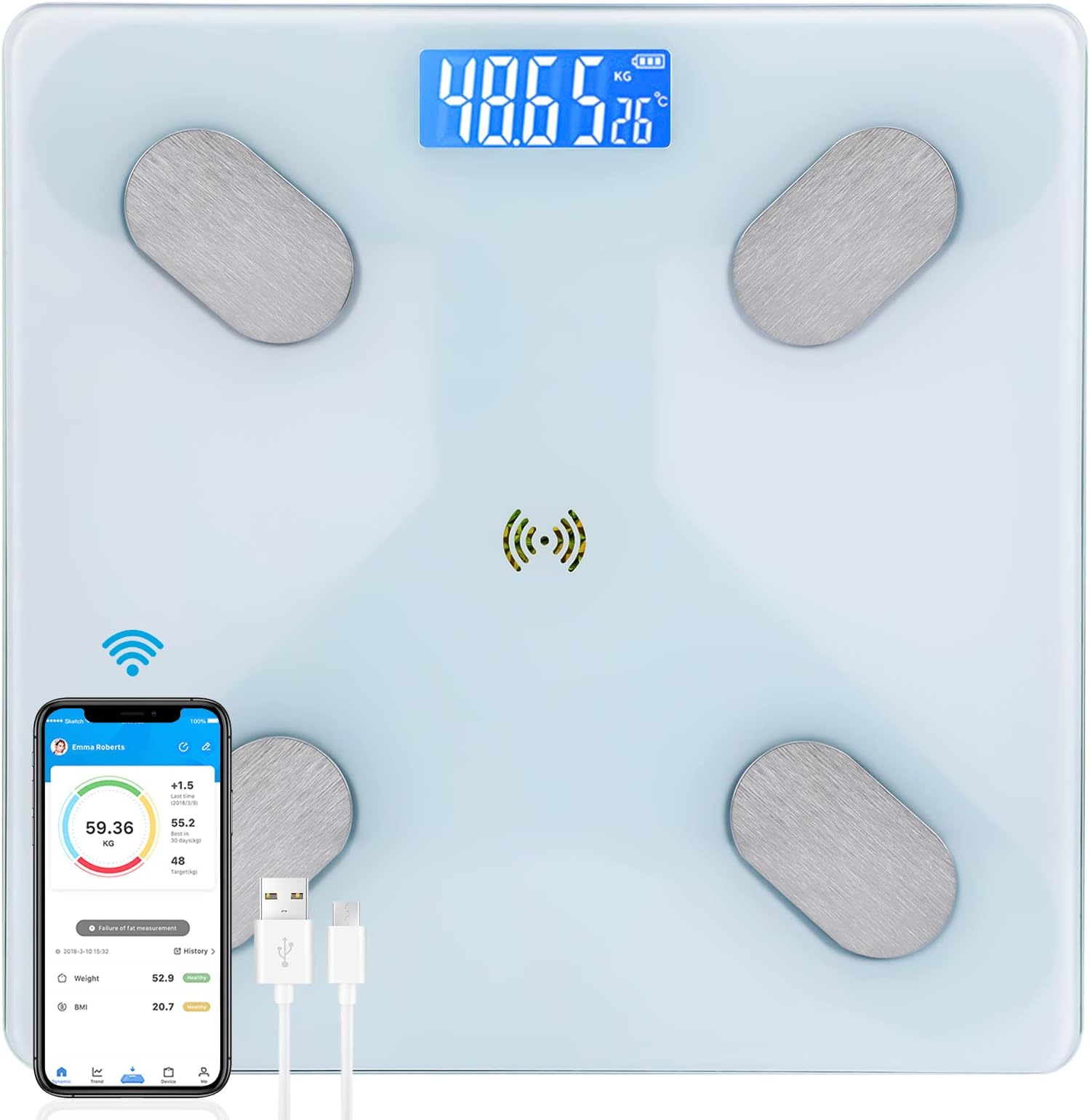 SKY-TOUCH Digital Weight Scale,Bluetooth Body Fat Scale,LED Display and Step-On,Body Composition Monitor Health Analyzer,with USB Charging,26x260x2cm,White
