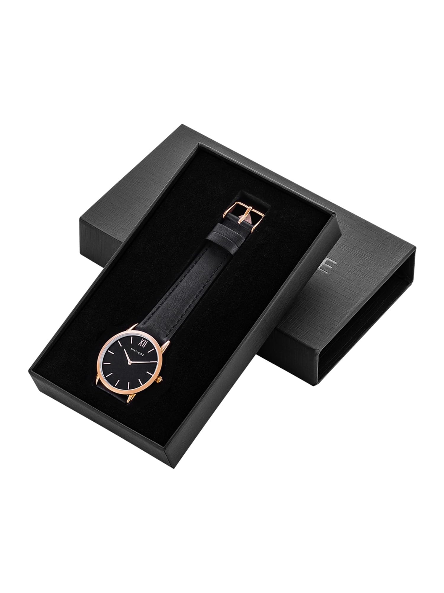 Eastside Damen Uhr Roségold mit Echtleder Armband Schwarz 3 ATM Quarzwerk | analog,Mineralglas,Strichindizes,Schwert-Zeiger,Armbanduhr,Fashionuhr,10080023