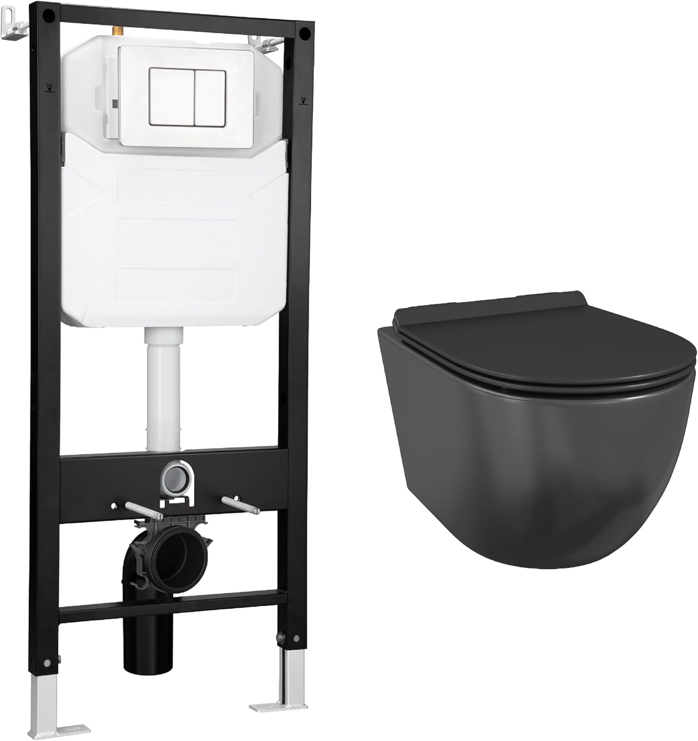Eridanus Wall Hung Toilet with Tank, 2x6 In-Wall Toilet Tank Carrier, Wall Mounted Toilet Combo Set, Dual-Flush Plate Included, Floating Bowl With Soft-Close Seat, Matte Black, 2 Separate Packages