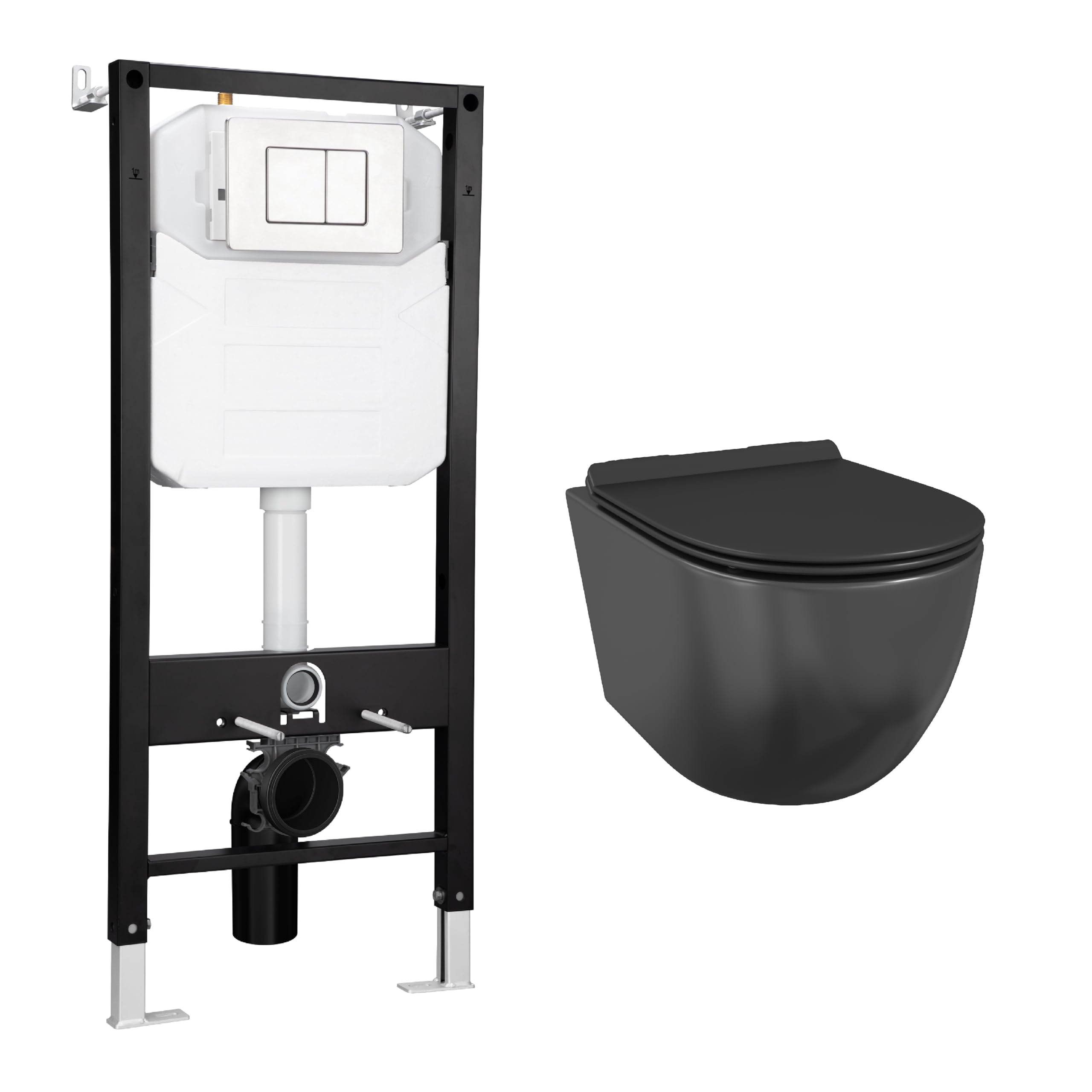 Eridanus Wall Hung Toilet with Tank, 2x6 In-Wall Toilet Tank Carrier, Wall Mounted Toilet Combo Set, Dual-Flush Plate Included, Floating Bowl With Soft-Close Seat, Matte Black, 2 Separate Packages