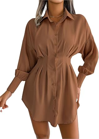Shirt Dresses for Women Pleated Mini Dress Button Down Lantern Long Sleeve Tunics Blouse Tops Short Dress