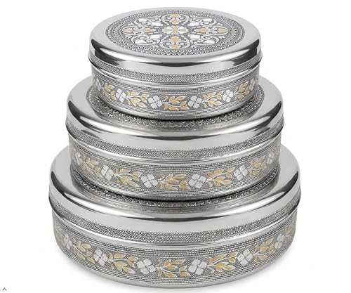 KSJONE Meenakari Designer 3PC Stainless Steel Food Storage Containers with Lids Leakproof, Meal Prep Container Airtight, Kimchi Containers Nestable, Freezer Safe (1100ml, 1700ml & 2300ml)