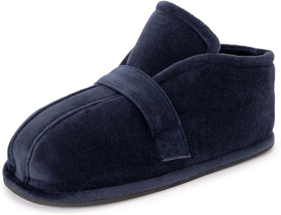 Mens Edema Slipper with Hard Sole and Adjustable Velcro Strap, Navy, Medium