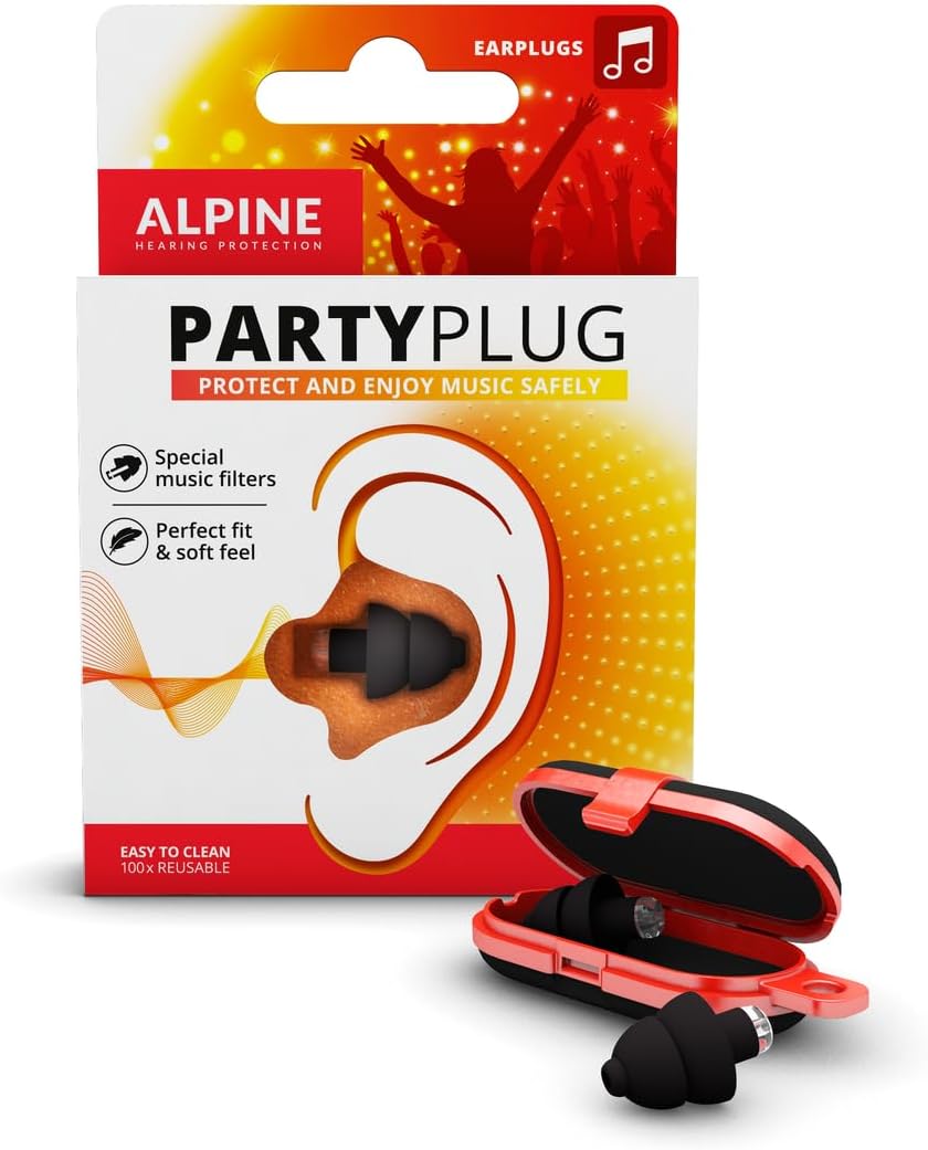 AlpinePartyPlug Concert Ear Plugs - Noise Reduction Ear Plugs for Party, Concert, Festival and Music - 19dB - 1 Pair Reusable Soft Black Earplugs