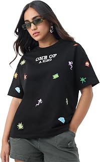 The Souled Store Inside Out: Unique Women and Girls Short Sleeves Round Neck Black Embroidered Cotton Lightweight Everyday... Price In India