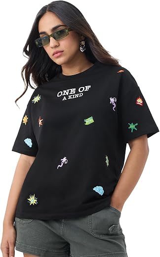 The Souled Store Inside Out: Unique Women and Girls Short Sleeves Round Neck Black Embroidered Cotton Lightweight Everyday...