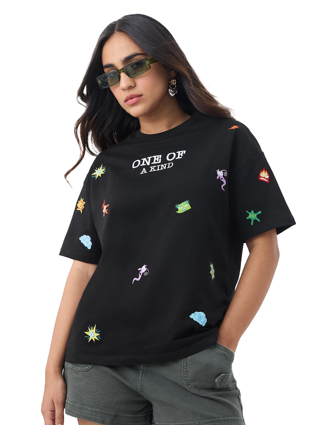 The Souled Store Inside Out: Unique Women and Girls Short Sleeves Round Neck Black Embroidered Cotton Lightweight Everyday...