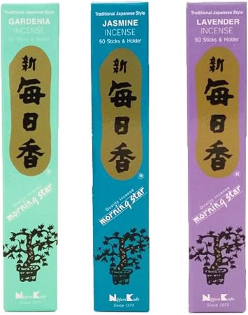 nippon kodo Morning Star Incense Bundle of 3 x 50 Sticks Boxes Jasmine, Gardenia, Lavender - Premium Incense Sticks - Traditional Japanese Style