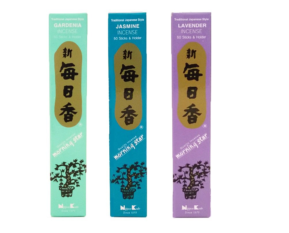 nippon kodoMorning Star Incense Bundle of 3 x 50 Sticks Boxes (Jasmine, Gardenia, Lavender) - Premium Incense Sticks - Traditional Japanese Style