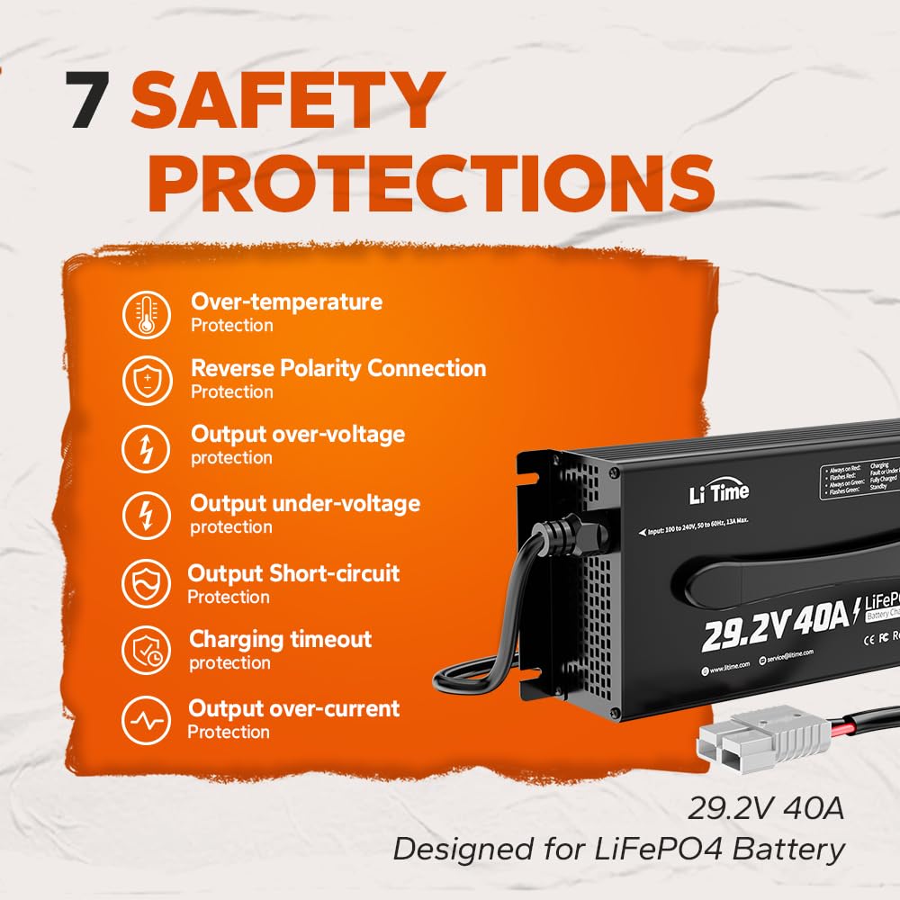 LiTime 24 (29.2) Volt 40A Mountable Battery Charger Intelligent AC-DC LiFePO4 Lithium Battery Smart Charger for 24Volt Lithium Iron Phosphate Batteries