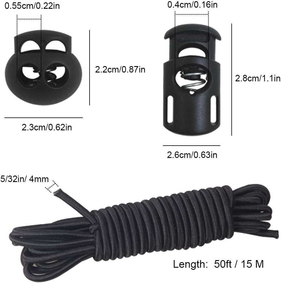 DLAND 20 PCS Plastic Cord Locks & Elastic Bungee Nylon Shock Cord 5/32" 50 ft Lengths,10 PCS Sing-Hole, 10 PCS Double-Hole End Spring Toggle Stopper Slider for Drawstring Shoelaces Clothing Bags