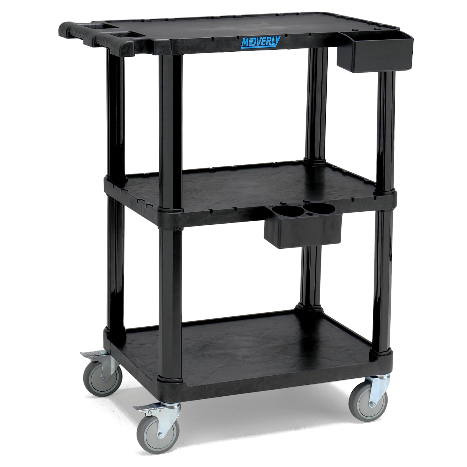 Schwerlast-Servierwagen, 69,9 x 46,4 cm, 3-stöckiger Rollwagen, Industrie-Kunststoff, Tragkraft 150 kg, Flache Ablagen mit Lenkrollen – Vielseitiger mobiler Wagen