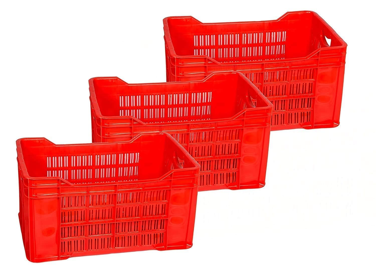 PETALS Plastic Rectangular Crate Set Of 3 | Portable Heavy Duty Vegetable/Fruits & Multipurpose Container Storage | Open Self Basket for Large storage Bin | 3 Pcs, Combo, 20 Kg Capacity Each, Red