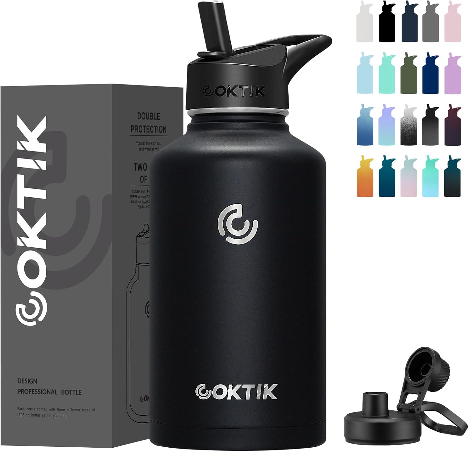 COKTIK 64 oz/Half Gallon Vacuum Insulated Jug, Double Walled Stainless Steel Sports Water Bottle with Reusable 2 Lids for Camping, Gym, Fitness or Office(Black)
